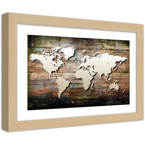 Quadro con cornice, Mappa del mondo su tavole antiche - 90x60