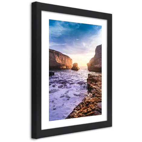 Quadro con cornice, Oceano e rocce - 30x45