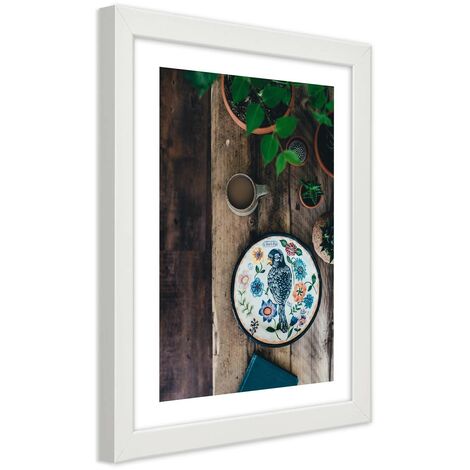Quadro con cornice, Uccello ricamato - 30x45