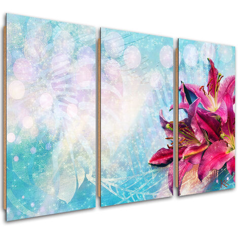 Quadro deco panel 3 paneli, Fiori rosa su uno sfondo blu - 120x80