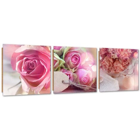 Quadro deco panel 3 parti, 3 rose rosa - 120x40