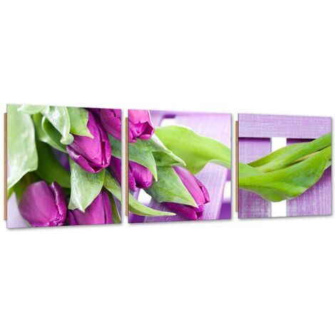 Quadro deco panel 3 parti, Tulipani viola in un bouquet - 120x40