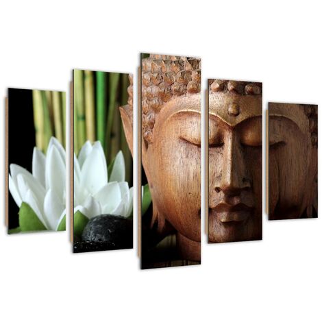 Quadro deco panel 5 parti, Buddha e fiore bianco - 100x70