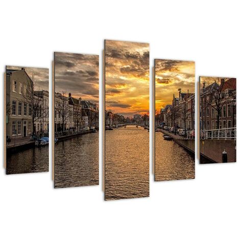Quadro deco panel 5 parti, Città  sul fiume - 200x100