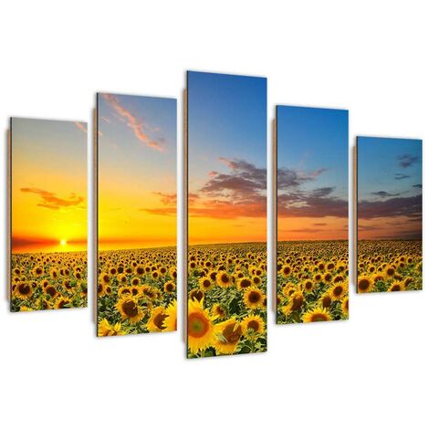 Quadro deco panel 5 parti, Girasoli su un prato - 100x70
