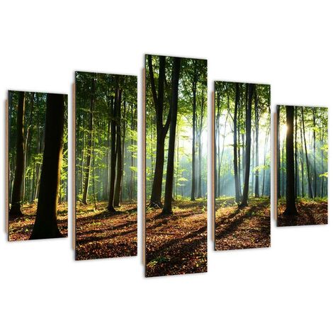 Quadro deco panel 5 parti, Il sole in una foresta - 150x100