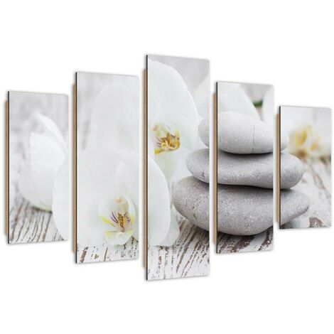 Quadro deco panel 5 parti, Orchidea zen bianca e pietre - 150x100