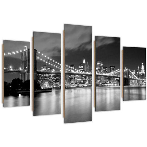 Quadro deco panel 5 parti, Ponte di Brooklyn di notte in bianco e nero - 100x70