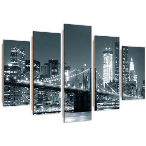 Quadro deco panel 5 parti, Ponte di Brooklyn in bianco e nero - 150x100