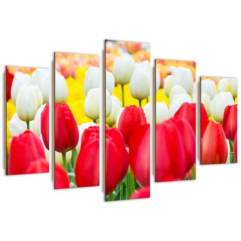 Quadro deco panel 5 parti, Tulipani bianchi e rossi - 150x100