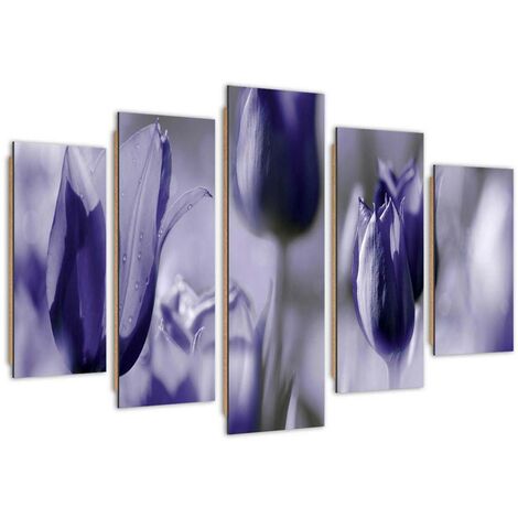 Quadro deco panel 5 parti, Tulipani viola su un prato - 200x100