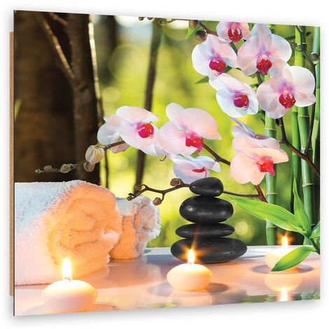 Quadro deco panel, Candele spa e fiori di orchidea - 50x50
