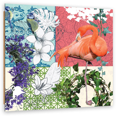 Quadro deco panel, Collage fiammeggiante e uccelli - 30x30