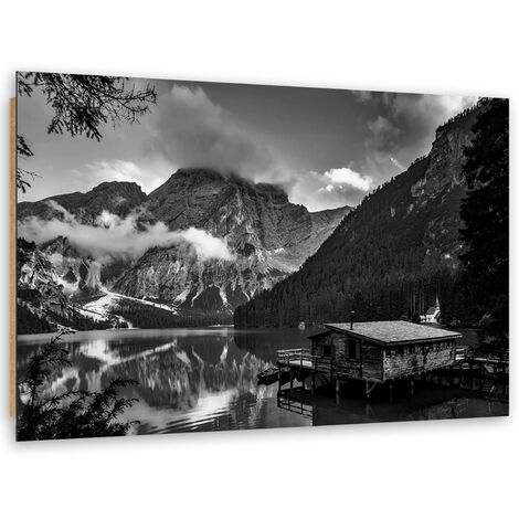 Quadro deco panel, Cottage di montagna sul lago - bianco e nero - 90x60
