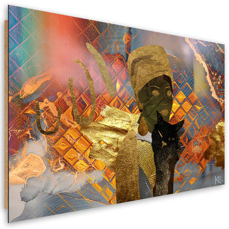 Quadro deco panel, Donna africana e un gatto nero - 100x70