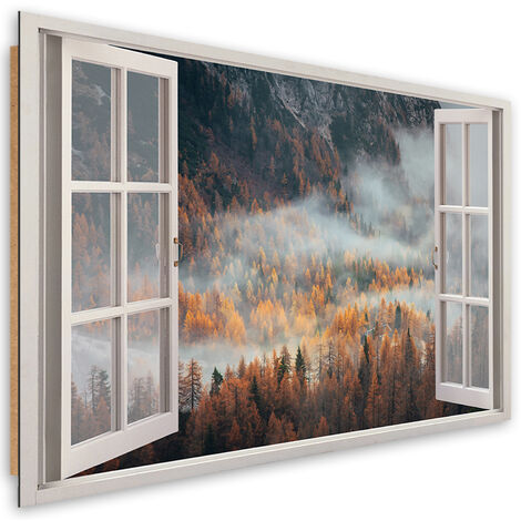 Quadro deco panel, Finestra autunnale della nebbia in montagna - 120x80