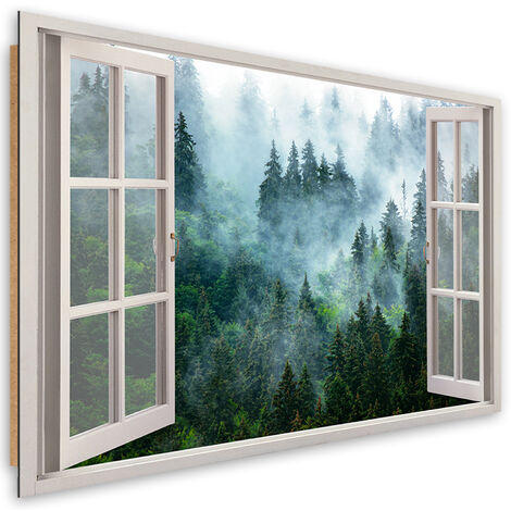 Quadro deco panel, Finestra della foresta verde nella natura nebbia - 60x40
