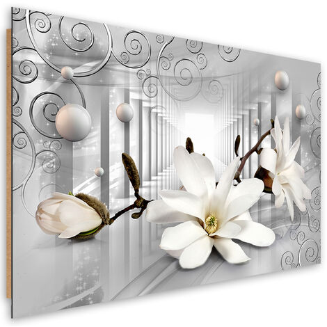 Quadro deco panel, Fiori nel tunnel e palline 3D d'argento - 60x40
