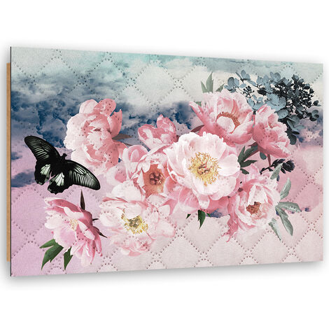 Quadro deco panel, Fiori rosa e una farfalla nera - 100x70