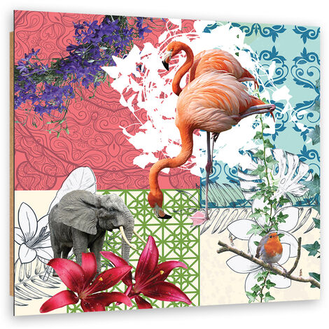 Quadro deco panel, Flamingo Elephant Bird Collage - 50x50