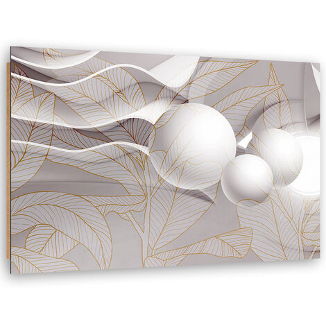 Quadro deco panel, Foglie dorate e palline 3d - 90x60