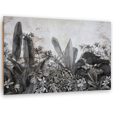 Quadro deco panel, Foglie in bianco e nero sullo sfondo del cemento - 90x60
