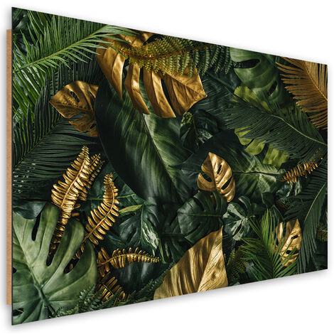 Quadro deco panel, Foglie tropicali dorate - 100x70