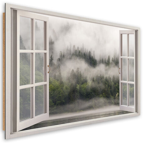 Quadro deco panel, Foresta della foresta nel lago nebbia - 90x60