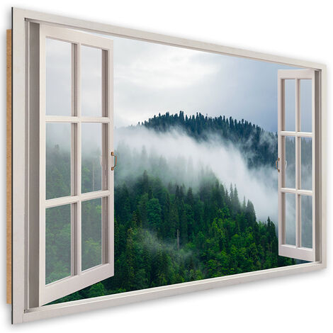 Quadro deco panel, Foresta nella vista della nebbia dalla finestra - 60x40