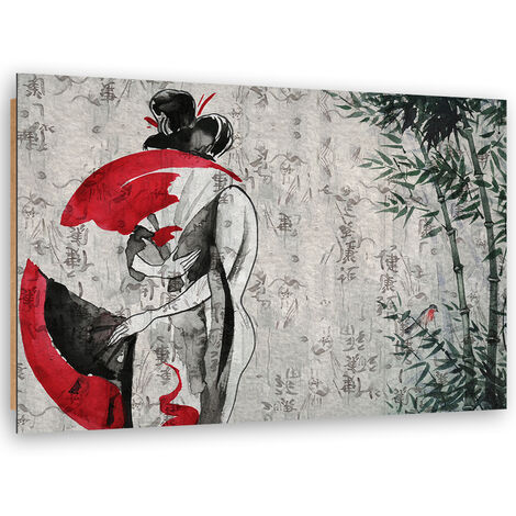 Quadro deco panel, Geisha giapponese con un fan - 60x40