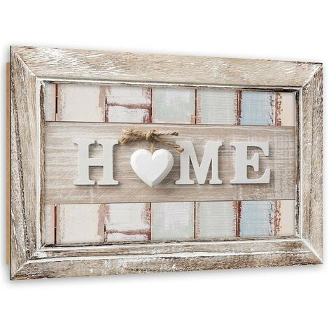 Quadro deco panel, Iscrizione a casa con cuore in una cornice in stile vintage - 100x70
