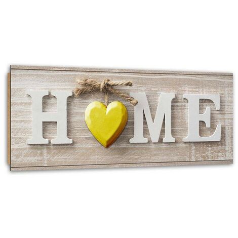 Quadro deco panel, Iscrizione domestica con cuore giallo su legno chiaro - 120x40