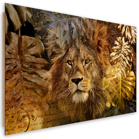 Quadro deco panel, Leone e foglie dorate - 60x40