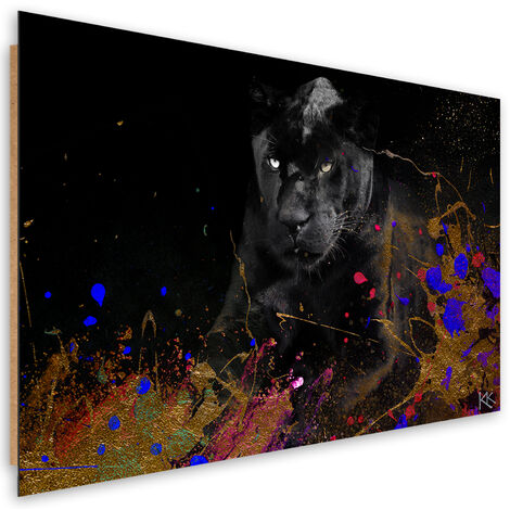 Quadro deco panel, Leopardo nero su uno sfondo colorato - 60x40