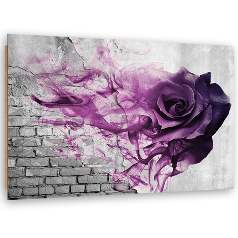 Quadro deco panel, Rose viola su uno sfondo con i mattoni - 90x60