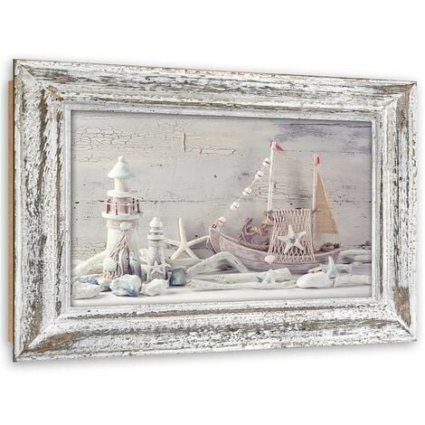 Quadro deco panel, Souvenir del mare in cornice shabby chic in legno - 90x60