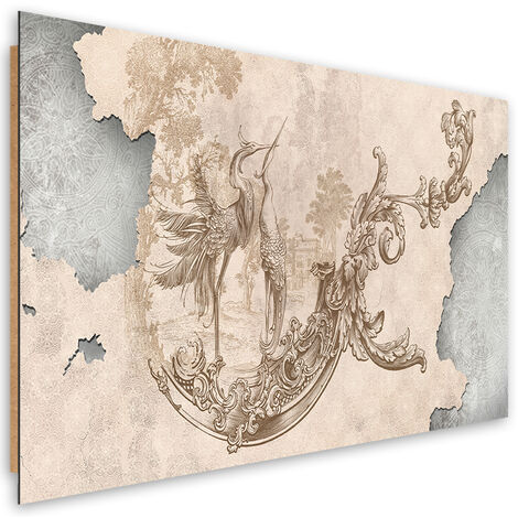 Quadro deco panel, Uccelli e foglie su un affresco orientale - 60x40