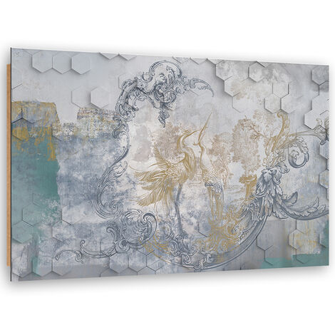 Quadro deco panel, Uccelli grigi su uno sfondo geometrico - 90x60
