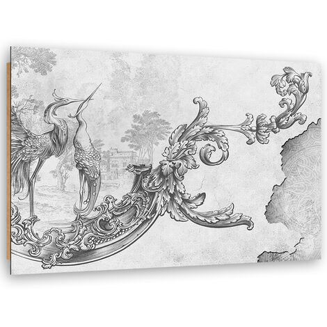 Quadro deco panel, Uccelli selvatici e foglie su un affresco orientale - 120x80
