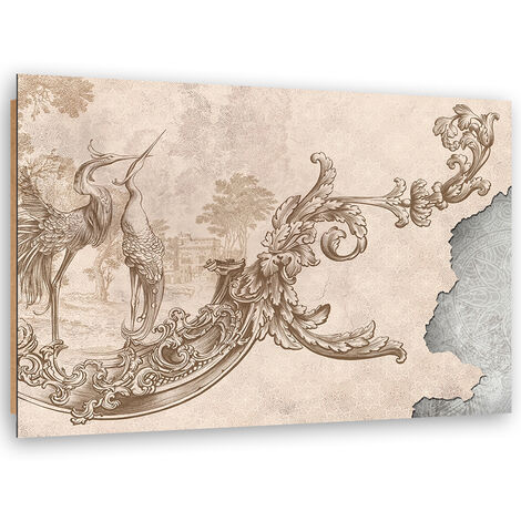 Quadro deco panel, Uccelli selvatici e foglie su un affresco orientale - 120x80