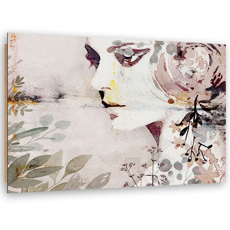 Quadro deco panel, Un volto astratto di una donna con fiori - 120x80