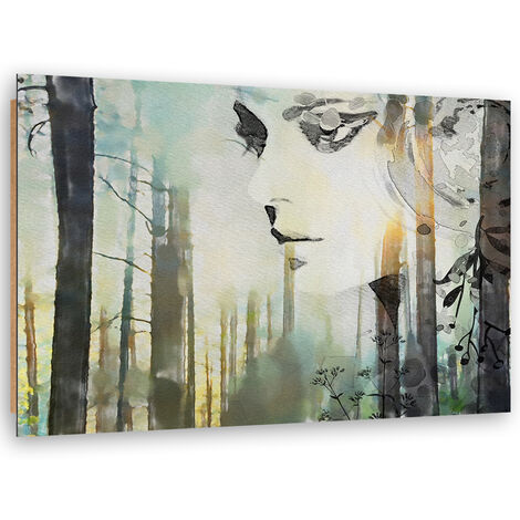 Quadro deco panel, Un volto astratto di una donna nella foresta - 60x40