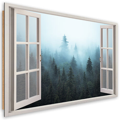 Quadro deco panel, Visualizza finestra Foresta nella natura nebbia - 90x60