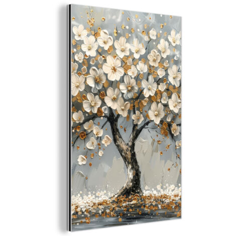 QUADRO DI METALLO Albero - Fiori - Bianco - Natura - Arte 60x90 cm