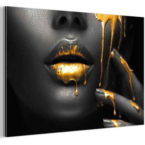 QUADRO DI METALLO Donna - Nero - Oro - Viso - Labbra 60x40 cm
