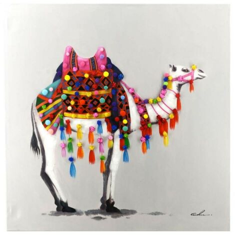 Quadro dipinto cammello 3D pompon 80x80x3,5 cm.