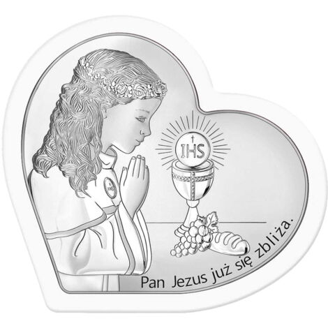 Quadro in argento con bambina "Il Signore Gesù sta arrivando" cornice bianca + incisione 6750S-AW 9,2 x 9 cm