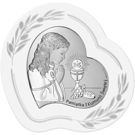 Quadro in argento per bambina come ricordo della Prima Comunione da parte della madrina, cuore 6746OP 21 x 20,5 cm