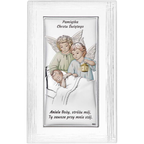 Quadro in argento raffigurante due angeli colorati, cornice decorativa, ricordo del Santo Battesimo DS21F-C 12 x 19 cm