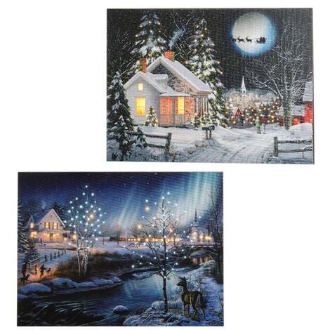Quadro Natalizio Paesaggio Innevato con LED Bianco Caldo